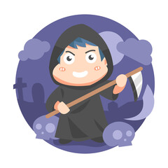 a cute little boy in a grim reaper costume holding a scythe. with a background in a graveyard. suitable for halloween theme, ghost, cute character etc. flat vector illustration.