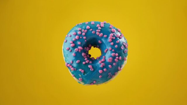 Various colorful donuts. Different delicious donuts changing at yellow background. Stop motion. Chocolate, pink, blue glazed donuts. Unhealthy food. Bakery and food concept in 4K, UHD
