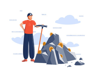 Positive man with a pickaxe in a miner's helmet near the mountain with crypto coins. Mining crypto currencies, exchange rates, mining farms, finance, blockchain. Vector.