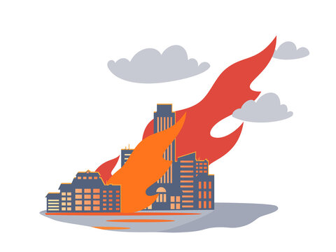 Fire in an industrial or residential area of the city. Illustration of fire and burning houses, accident, disaster. Natural and man-made fires, loss of housing, disaster. Sad events and news. Vector.