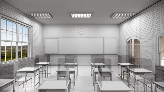 New normal classroom and spacing of tables and chairs to prevent the spread of coronavirus (COVID-19). IEmpty classroom for teach and learn. 3d rendering Interior.
