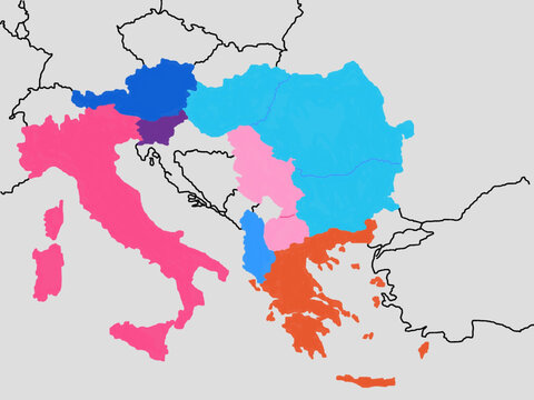 map of continent Europe with colorful separation of some countries, such as Austria, Italy, Switzerland, Hungary, Romania, Serbia, Bulgaria, North Macedonia, Albania, Greece