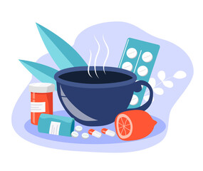 vector illustration on the theme of seasonal cold, common cold, treatment. a cup of hot tea, tablets, pills, lemon. trend illustration in flat style
