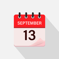 September 13, Calendar icon with shadow. Day, month. Flat vector illustration.