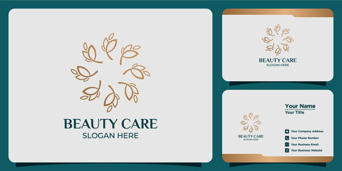 Set of hand drawn feminine and modern floral template logos and business cards
