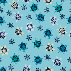 Seamless checkered pattern with hand drawn snowflakes in hygge style. Winter, Christmas, New Year concept. For wrapping paper and other surface design projects