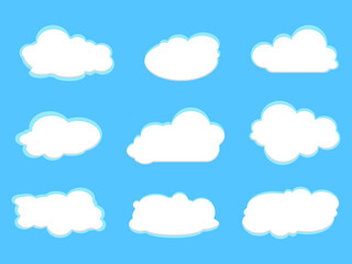White fluffy clouds on spring blue sky in cartoon style for background or wallpaper design