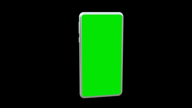 Modern smartphone with green screen on black background . 3d illustration rendering . 4k resolution video . for business , advertisement, market and etc. Easy customizable green screen.