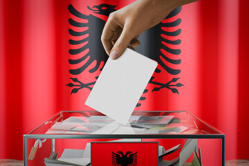 Albania flag, hand dropping ballot card into a box - voting, election concept - 3D illustration
