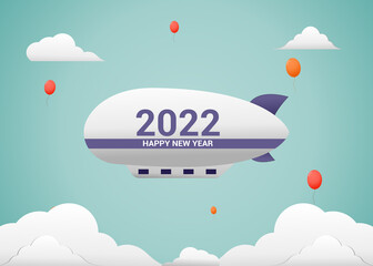 Fototapeta na wymiar Happy New Year 2022 with Air Ship Illustration for background or wallpaper 