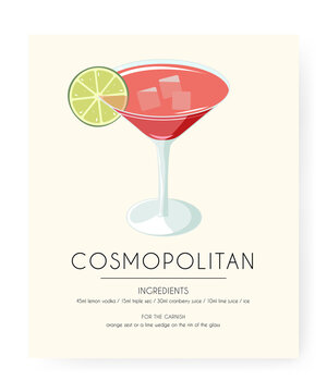 Alcoholic cocktail, cosmopolitan martini style midcentury. Vector image