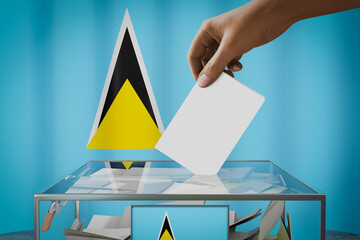 Saint Lucia flag, hand dropping ballot card into a box - voting, election concept - 3D illustration