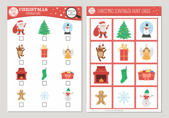 Fototapeta na wymiar Vector Christmas scavenger hunt cards set. Seek and find game with cute Santa Claus, Christmas tree, snowman for kids. Winter holiday searching activity. Simple educational printable worksheet..