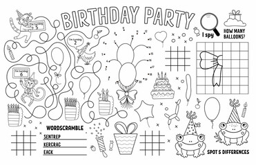 Vector Happy Birthday placemat for kids. Holiday party printable activity mat with maze, tic tac toe charts, connect the dots, find difference. Black and white play mat or coloring page.