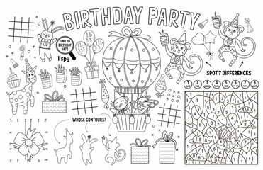 Vector Happy Birthday placemat for kids. Holiday party printable activity mat with maze, tic tac toe charts, connect the dots, find difference. Black and white play mat or coloring page.
