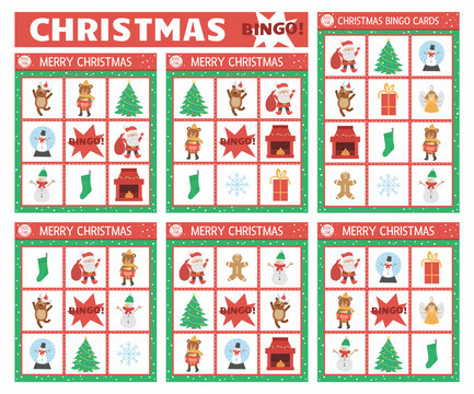 Vector Christmas Bingo Cards Set. Fun Family Lotto Board Game With Cute Santa Claus, Christmas Tree, Snowman For Kids. Holiday Winter Party Lottery Activity. Simple Educational Printable Worksheet.