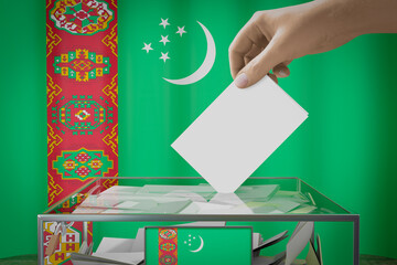 Turkmenistan flag, hand dropping ballot card into a box - voting, election concept - 3D illustration