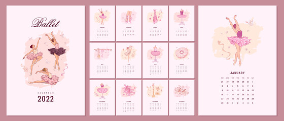 Illustrated 2022 calendar template with hand drawn ballet school elements. Vector illustration