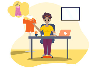 Concept lifestyle quarantine, blogger, Relax. Dark skinned woman looking at fashion clothes from the computer screen. Vector flat style. Illustration for holiday, stay home, influences, free, shop