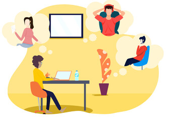 Concept Lifestyle quarantine, online call. woman chatting with friends  via computer at home. Vector flat style. Illustration for content called, Relax, blogger, traders, influencers friend, stay home