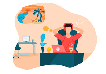 Concept Lifestyle quarantine, relax time. man sitting on a chair in front of a desk  thinking beach sea. Vector flat style. Illustration for happy holidays, rest, free time, stay home.