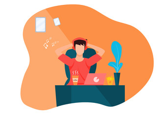 Concept Lifestyle quarantine, relax time, burnout. Man sitting in a chair in front of his desk, burned out at work. Vector flat style. Illustration for content rest, listening music, home office 