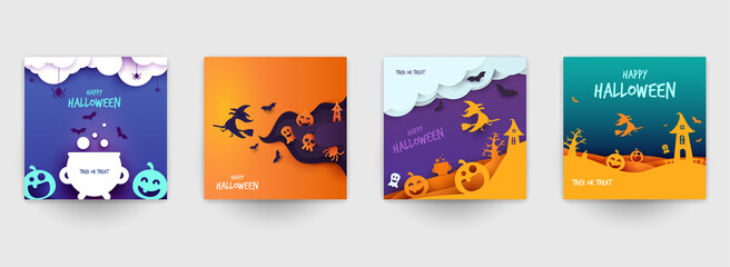 Happy halloween design background. Holiday collection cartoon composition in minimalistic modern layer style. Set templates for banner, poster, flyer, invitation card. Vector illustration.