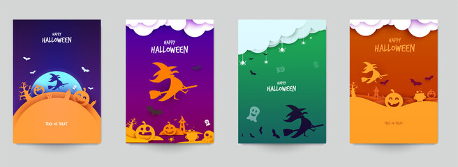 Obraz na płótnie Canvas Happy halloween design background. Holiday collection cartoon composition in minimalistic modern layer style. Set templates for banner, poster, flyer, invitation card. Vector illustration.