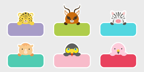 Sticky labels set for baby name. Cute cartoon animals shaped notepads, memo pad, flag markers for office school, scrapbooking, print, cards, baby shower, invitation, decor. Vector stock illustration.