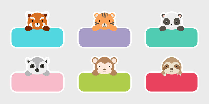 Sticky labels set for baby name. Cute cartoon animals shaped notepads, memo pad, flag markers for office school, scrapbooking, print, cards, baby shower, invitation, decor. Vector stock illustration.