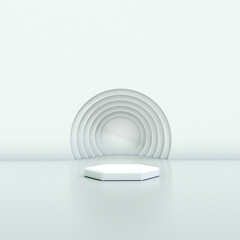 3d illustration studio with geometric shapes, podium on the floor. Platforms for product presentation, mock up background.