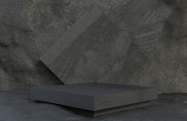 Black stone square podium for product presentation on stone wall background luxury style.,3d model and illustration.