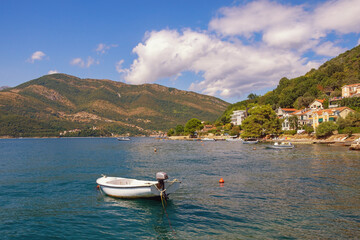 Fototapeta na wymiar Beautiful autumn Mediterranean landscape. Montenegro, Tivat. View of Bay of Kotor and Gonja Lastva village