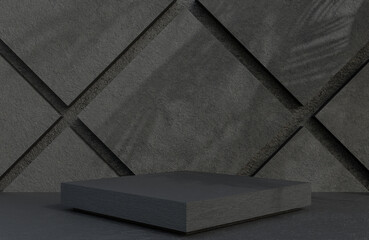Black stone square podium for product presentation on stone wall background luxury style.,3d model and illustration.