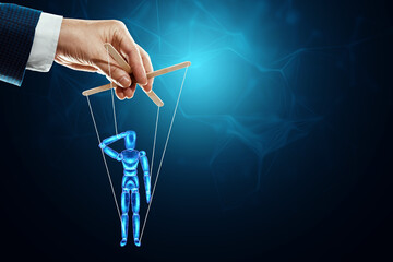 puppet puppet salute ruled by a big hand, army. Addiction concept, slave, controlled person,...