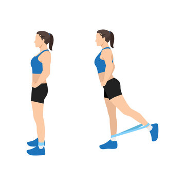 Woman doing Standing kickbacks Resistance band exercise. Flat vector illustration isolated on white background