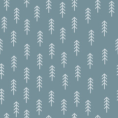 Fototapeta na wymiar Cute minimalistic seamless pattern with small geometric linear Christmas trees on a blue background. Modern vector illustration