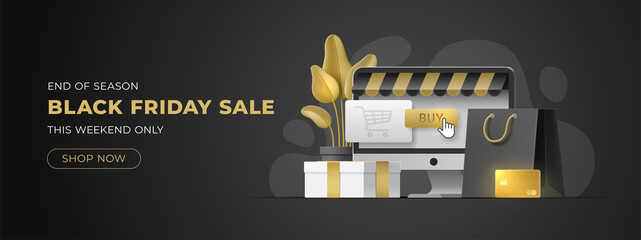 Website slider for BLACK FRIDAY sale with copy space. Monoblock, gold card, shopping bag, gift box on isolated background. template for banner, mobile, social media, ad, discount store, shop.