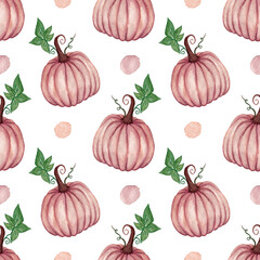 Autumn cute watercolor pattern, pink pumpkins and dots on a white background. Pattern for Thanksgiving, Halloween, etc.