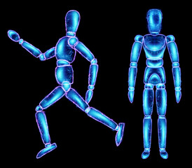 Marionette doll neon hologram isolated on black background, 3D illustration, 3D render