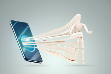 The smartphone is sucking in a figurine of a man of a puppet. The concept of smartphone addiction,...