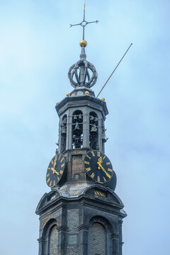 The spire of the Munttoren with its carillon, Amsterdam, Noord-Holland province, The Netherlands