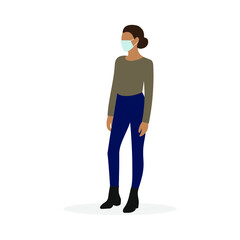 Female character in a medical mask stands on a white background
