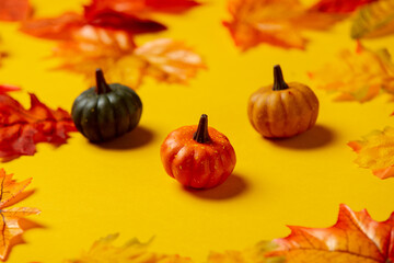 Naklejka na ściany i meble Little pumpkins with autumn leaves on yellow background. Top view