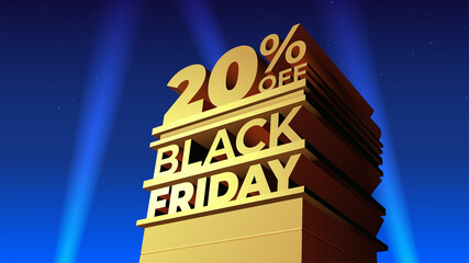 illustration for BLACK FRIDAY discounts in 20th century fox style with volumetric letters, building and spotlights. Twenty percent OFF. Template for sale, flyer, shop, cards, promo, ad.