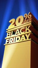 Template for BLACK FRIDAY sale in 20th century fox style with volumetric letters, building and spotlights. Twenty percent OFF. illustration for flyer, discount, shop, cards, promo, ad.