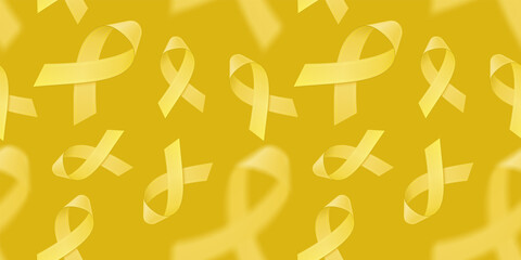 Seamless pattern with realistic Yellow ribbons on Yellow background. Childhood Cancer Awareness symbol in September. Template for banner, poster, invitation, flyer. illustration.