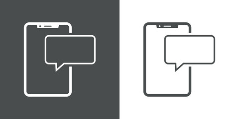Icono silueta de smartphone con burbuja de habla con lineas en fondo gris y fondo blanco © teracreonte