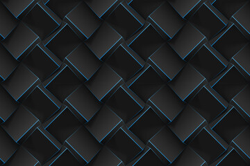 Volumetric abstract texture with black cubes with thin blue lines. Realistic geometric seamless pattern for backgrounds, wallpaper, textile, fabric and wrapping paper. realistic illustration.
