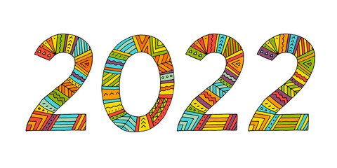 2022. Number. Date. Numbers with a colorful pattern. New year 2022. Year of the tiger. Vector. Doodle. Hand-drawn illustration.